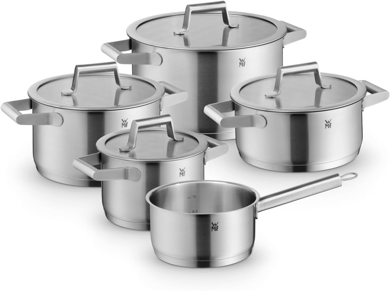 WMF Comfort Line 5-teiliges Induktions-Topfset mit Glasdeckel, Cromargan-Edelstahl matt, Skala, Induktions-Topfset, stapelbar, unbeschichtet