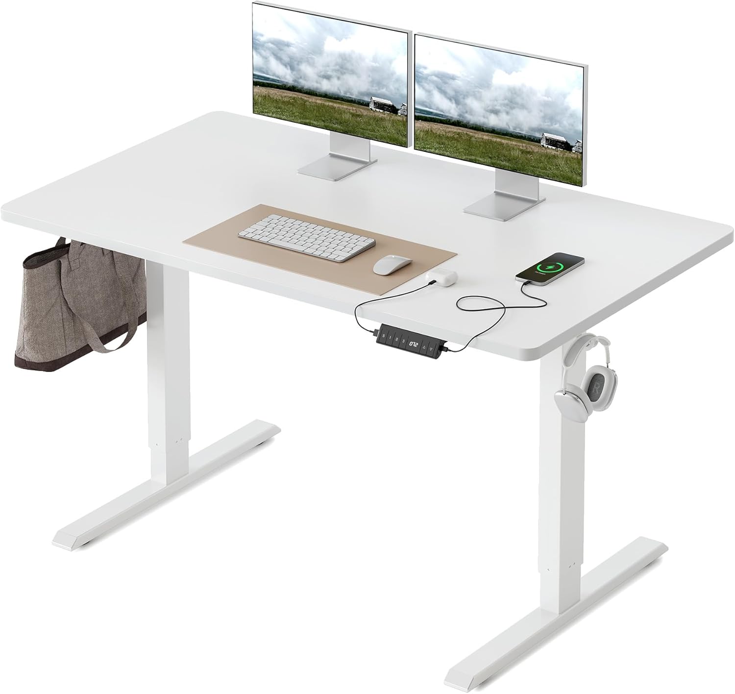FEZIBO Höhenverstellbarer Schreibtisch, einteilige Tischplatte, 120 x 60 cm, höhenverstellbar mit USB-A- und USB-C-Ladeanschlüssen, Stehsitztisch für Home Office, Stehschreibtisch, Weiß