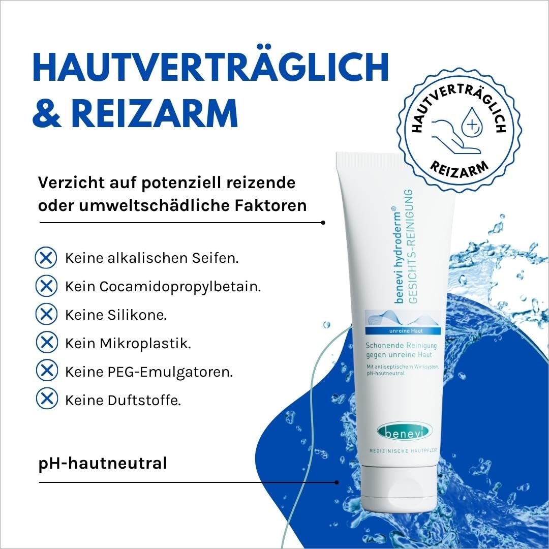 benevi hydroderm Gesichtsreiniger 125 ml für unreine und zu Akne neigende Haut, auch begleitend zur Aknetherapie, reinigt sanft und beseitigt gleichzeitig effektiv störenden Fettglanz – Bild 4