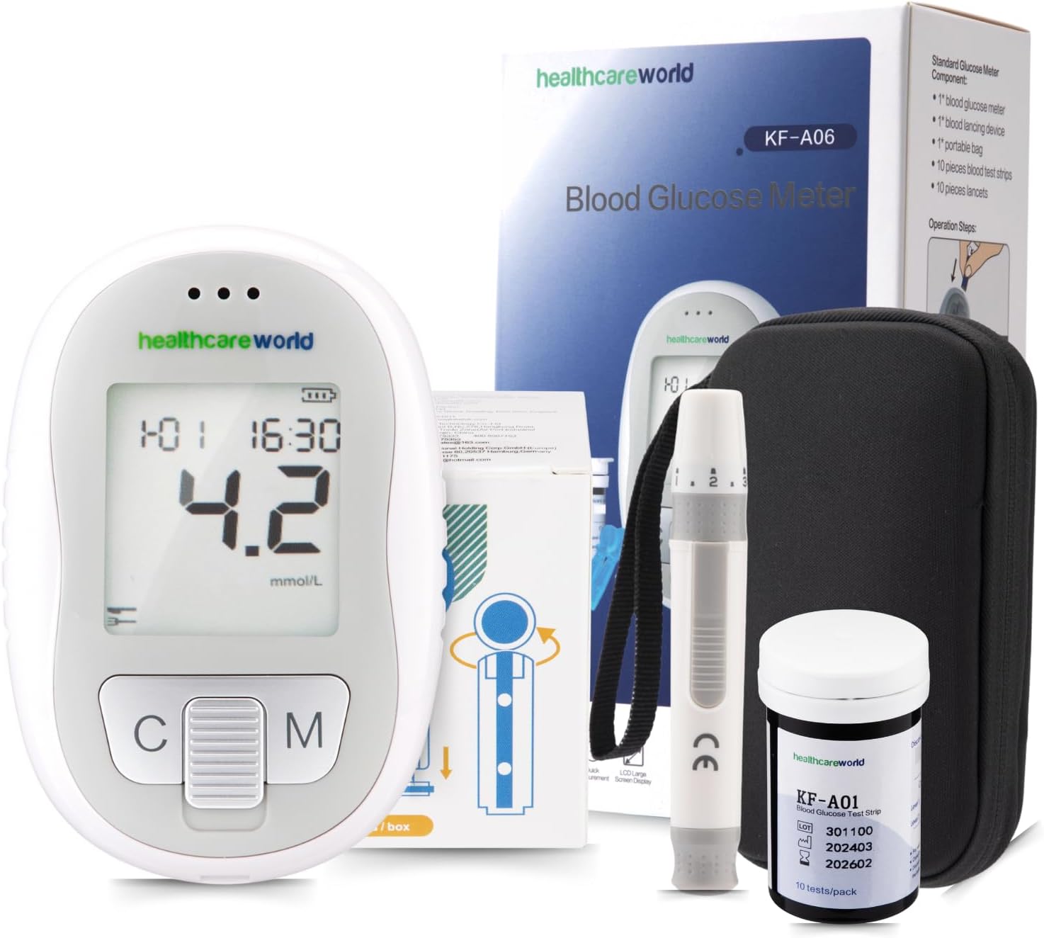 Healthcare World Blutzuckermessgerät Set mit 10 Teststreifen & 60 Lanzetten – Präziser No-Coding Glukometer für Diabetes-Tests, Blutglukose Zuhause, Schnelle Messergebnisse, Tragbares Diabetiker-Gerät