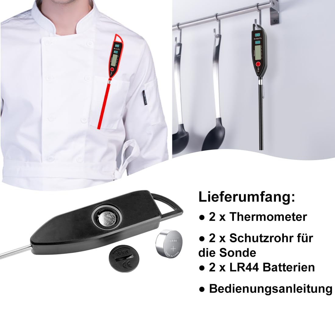 BOMATA 2er-Set wasserdichtes IPX7-Fleischthermometer zur sofortigen Messung der Lebensmitteltemperatur, mit langer Sonde, geeignet für Wasser, Flüssigkeiten, Kochen in der Küche, Grillen und BBQ! 2 Stück (Schwarz und Rot) – Bild 6