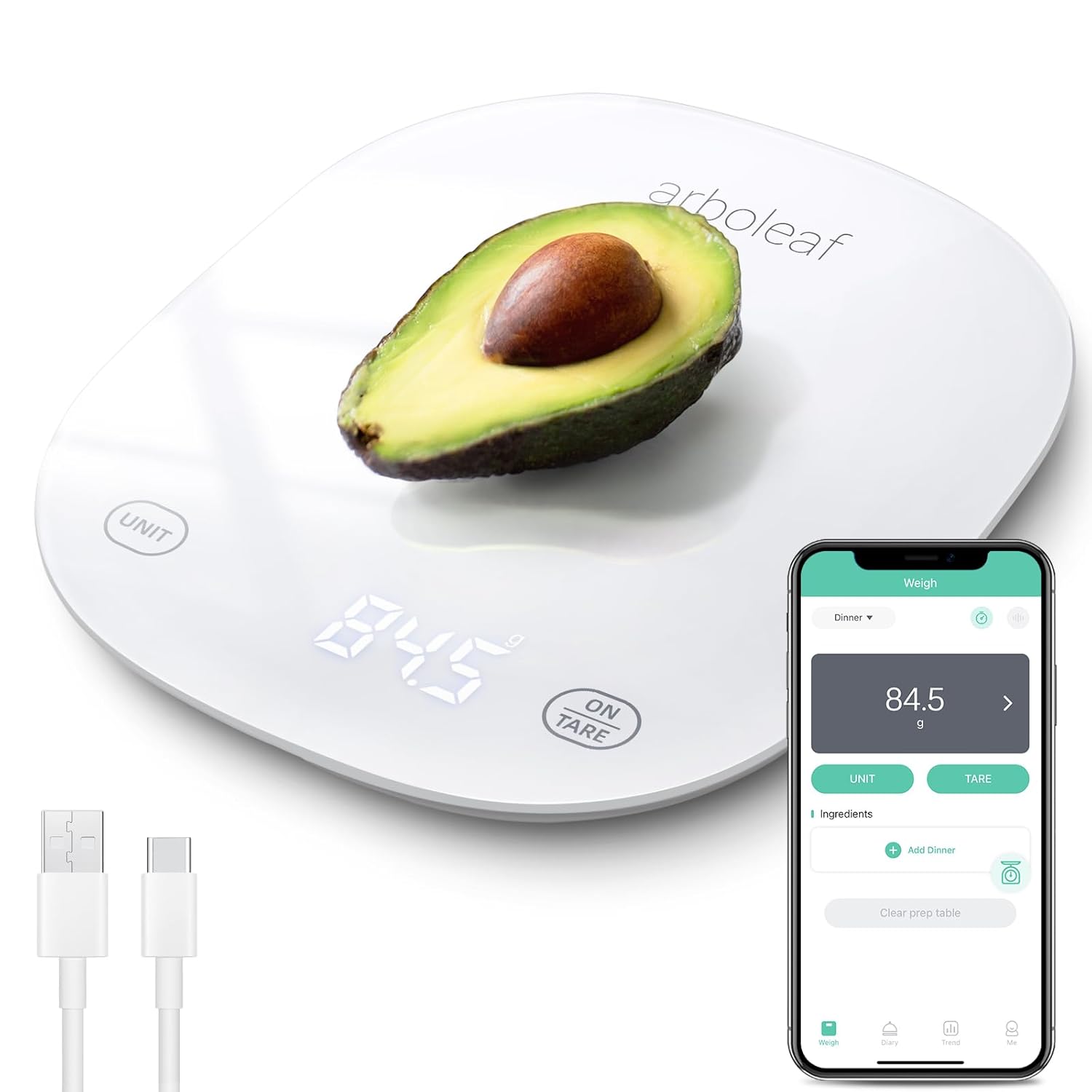 arboleaf Digitale Küchenwaage mit App, 10 kg / 0,5 g Küchenwaage Bluetooth mit Kalorienzähler, Ernährungswaage USB wiederaufladbar, grammgenaue Lebensmittelwaage mit Sicherheitsglas und Tara-Funktion (weiß)