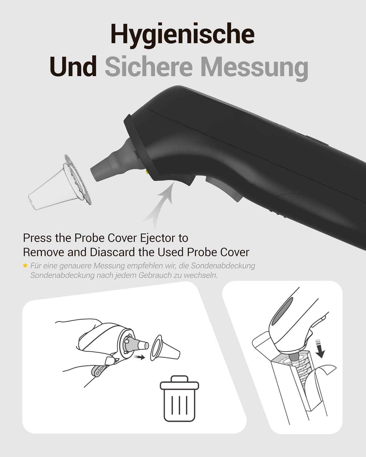 Hochpräzises Ohrthermometer für Kinder und Erwachsene – 1-Sekunden-Messung, intelligente Altersbereichs-Temperaturanzeige, 32 Speicherfunktionen, Stummschaltung, inklusive 21 Einweg-Schutzkappen – Bild 7
