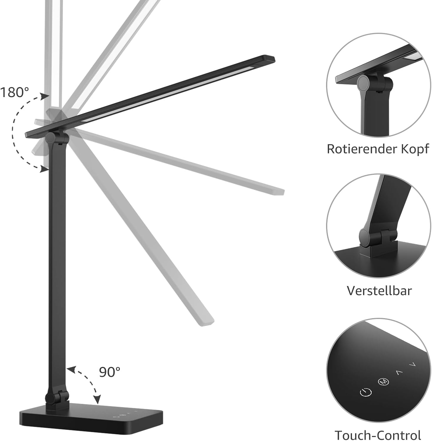 Lepro Schreibtischlampe, LED-Tischlampe, dimmbar, Nachttischlampe, 750 lm, 3 Farben und 5 Helligkeitsstufen, Tageslichtlampe, Tischlampe, Schreibtischlampe für Kinder, Büro, Kunststoff, Schwarz – Bild 5