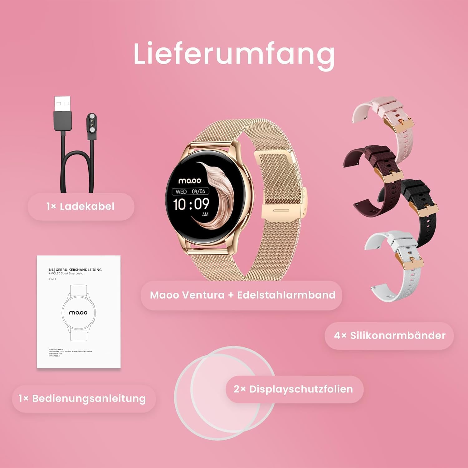 maoo Ventura Damen Smartwatch mit Anruffunktion, 1,32 Zoll AMOLED Display, Herzfrequenzmesser, SPO₂, Blutdruckmessgerät, 100+ Sportmodi, IP67 wasserdicht, inklusive 5 Armbändern (Roségold) – Bild 13