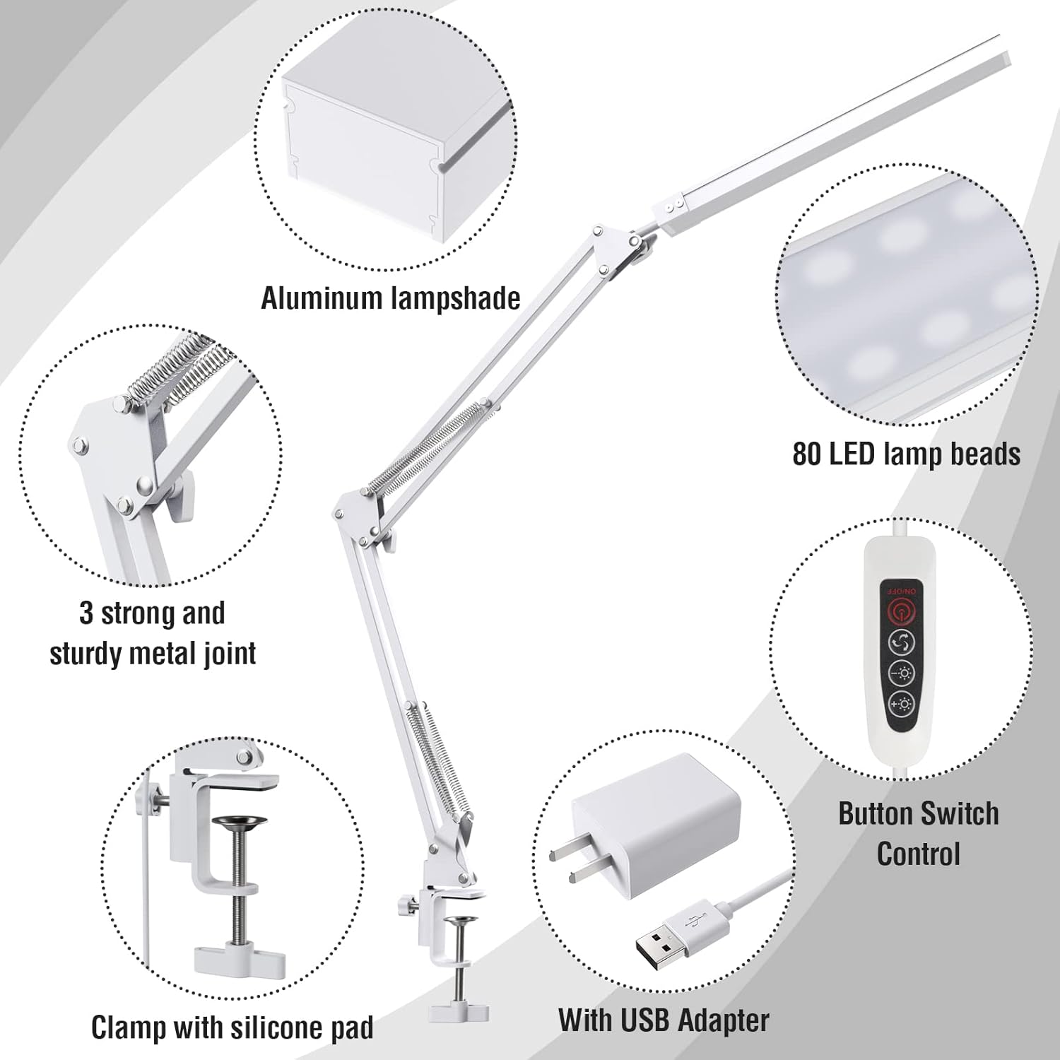 SKYLEO Schreibtischlampe dimmbar – Tischlampe mit Clip und Sockel – Augenschutz-LED-Schreibtischlampe – 3 Lichtmodi x 10 Helligkeitsstufen – Weiß – Bild 5