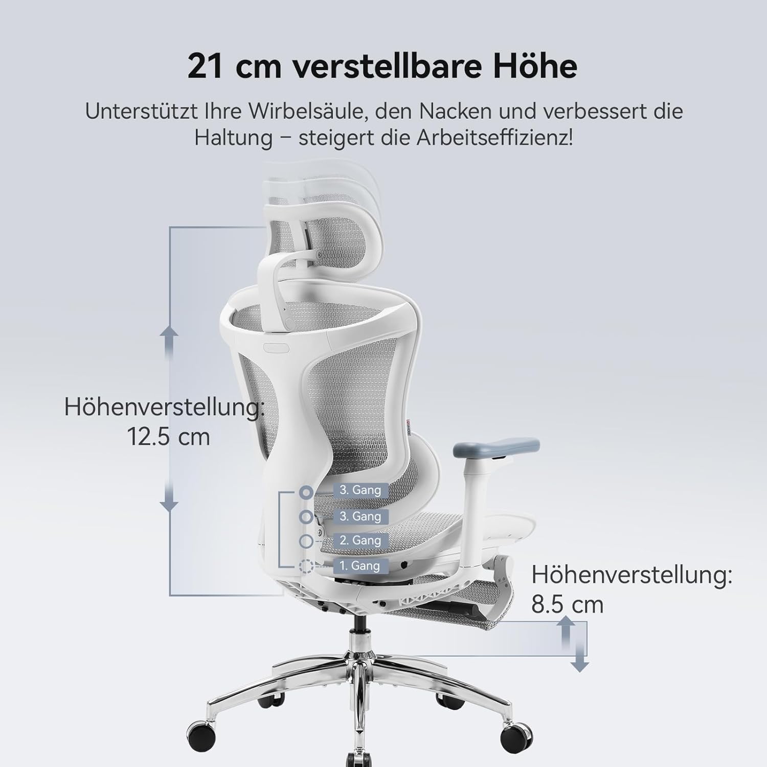 SIHOO Doro C300 Ergonomischer Bürostuhl mit dynamischer Lordosenstütze, 3D-Armlehnen und verstellbarer Rückenlehne, Fußstütze für bequemen Home-Office-Schreibtischstuhl – Weiß – Bild 4