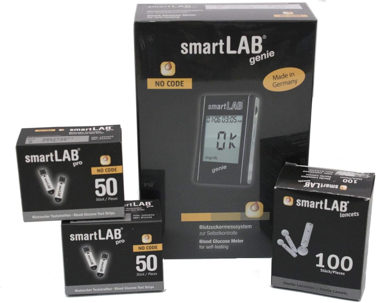 smartLAB Genie Blutzuckermesssystem Bundle | Mess-Kombi-Set mit 100 Blutzucker-Teststreifen und 100 Lanzetten für das tägliche Diabetes-Blutzucker-Messsystem | Präzise Blutdruckmessung mit großem Display