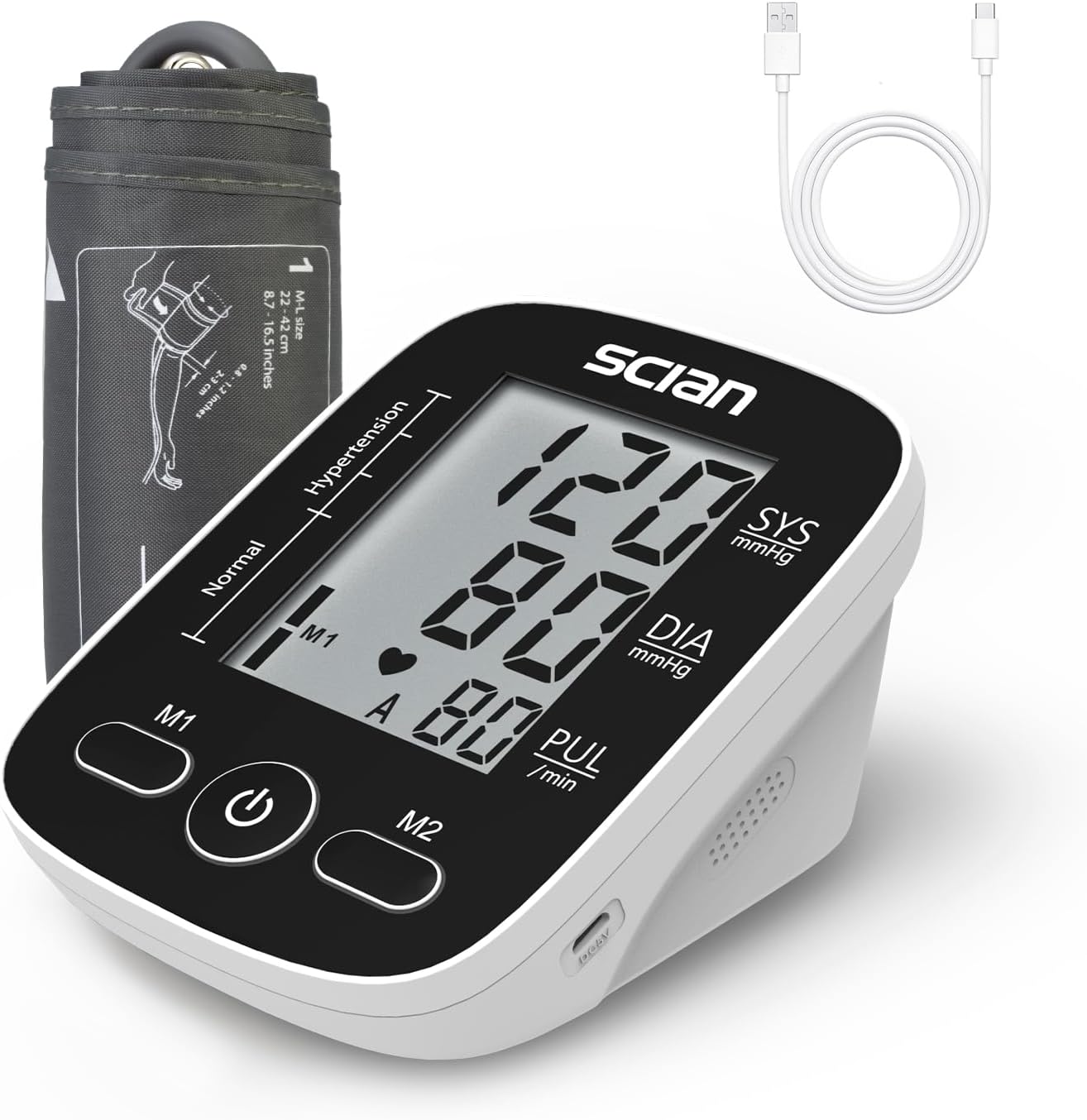 Scian Blutdruckmessgerät Oberarm für den Heimgebrauch, automatisches Blutdruckmessgerät mit Universalmanschette 22-42 cm, großes LCD-Display, 2 Benutzer 180 Speicher, USB-Kabel (schwarz)