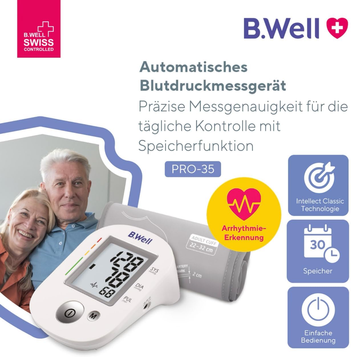 B.Well Swiss Automatisches Oberarm-Blutdruckmessgerät PRO-35, klinisch validierter Blutdruckmesser Arrhythmie- und Vorhofflimmern-Erkennung und 30 Speicherplätze, Inkl. waschbare Manschette, Größe M – Bild 2