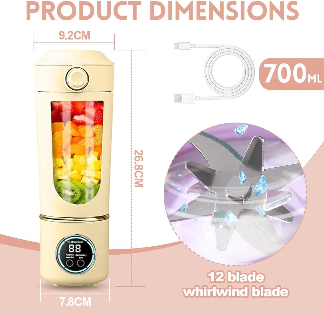 Tragbarer Mixer, Mini-Standmixer, kleiner Entsafter, Smoothie-Maker mit Silikon-Strohhalm, USB-Ladegerät Smoothie Maker, 400ml KleinerMixer mit 12 Edelstahlklingen, für Zuhause/Küche (Beige) – Bild 2