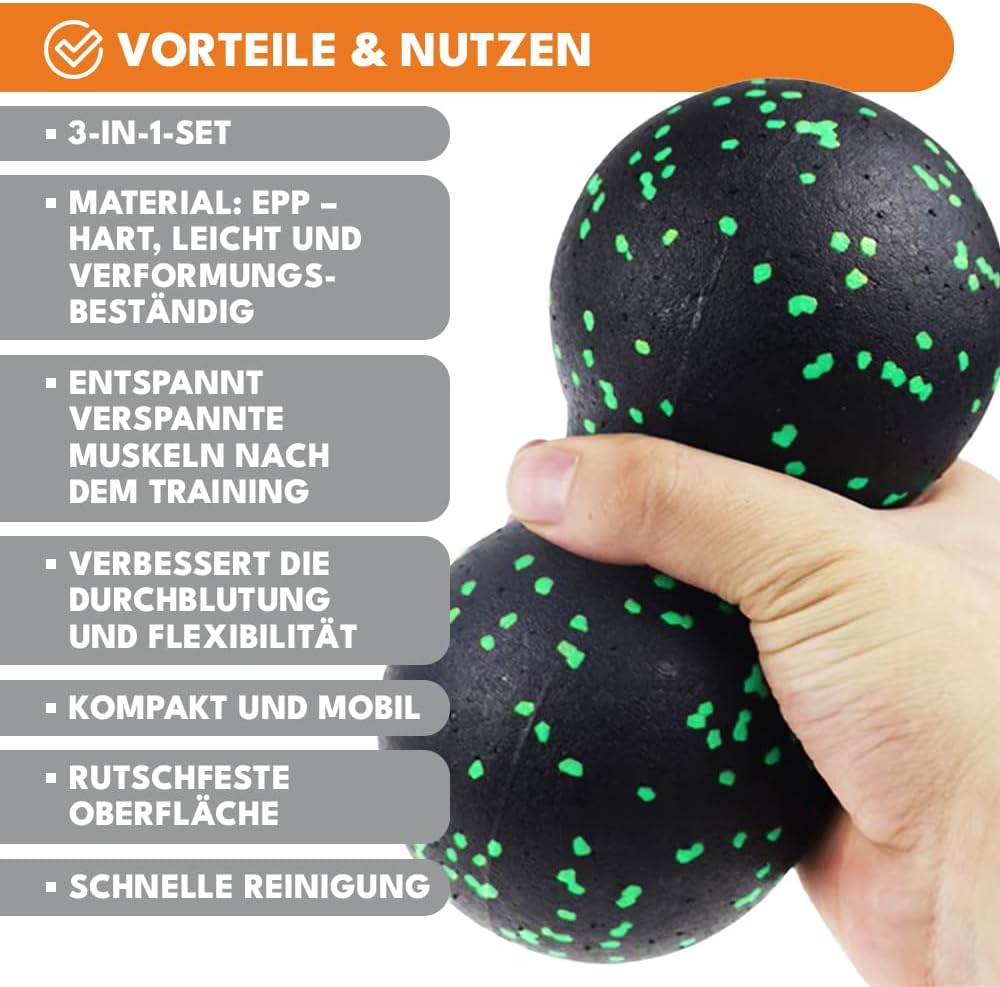 KRUMAD Faszienrollen 3er Set, Faszienrollen, Duoball & Massageball aus EPP, Massageset für Rücken, Wirbelsäule, Nacken, Beine & Füße, Faszienball für Triggerpunkte, Yoga, Gymnastik, Fitnessrolle – Bild 3