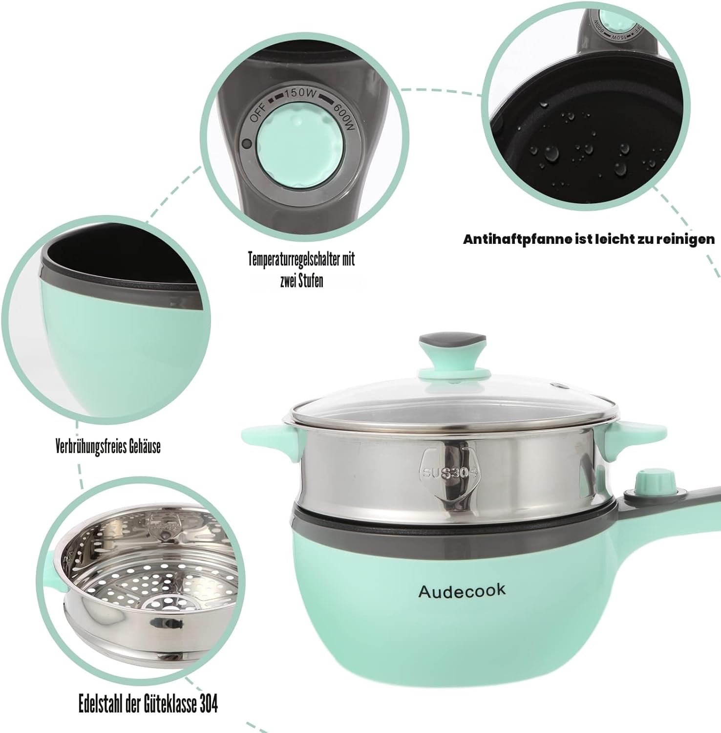 Audecook Elektrischer Hot Pot mit Dampfgarer, 1,5 l/20 cm elektrische Bratpfanne, Hotpot-Topf, antihaftbeschichtete Mini-Elektropfanne, Multikocher für Dorm Ramen, Steak (A (grün / 1,5 l mit Dampfgarer)) – Bild 2