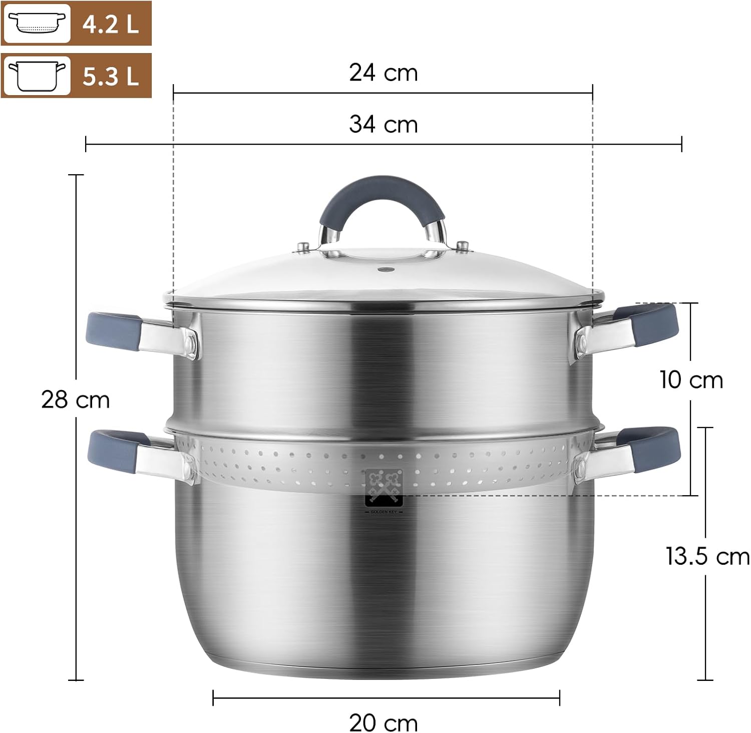 Dampfgarer mit Glasdeckel 24 cm, Edelstahl 5,3 l Dampftopf inklusive Dampfkorb, Induktionsdämpfer, Kartoffeldämpfer, Couscous-Topf, geeignet für Gemüse, Suppen, Knödel, Backofen und Spülmaschine – Bild 2