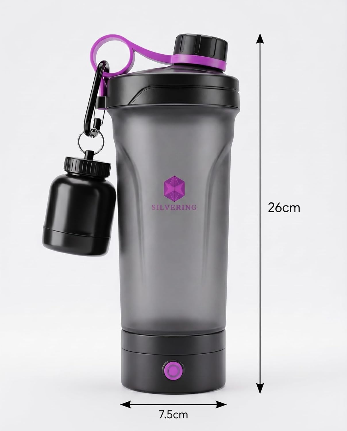 Silvering Elektro-Shaker, spülmaschinenfest, Protein-Shaker mit abnehmbarer Motoreinheit, USB-C wiederaufladbar, Trainingsflasche, BPA-frei, 600 ml, Protein-Shaker elektrisch (lila) – Bild 5