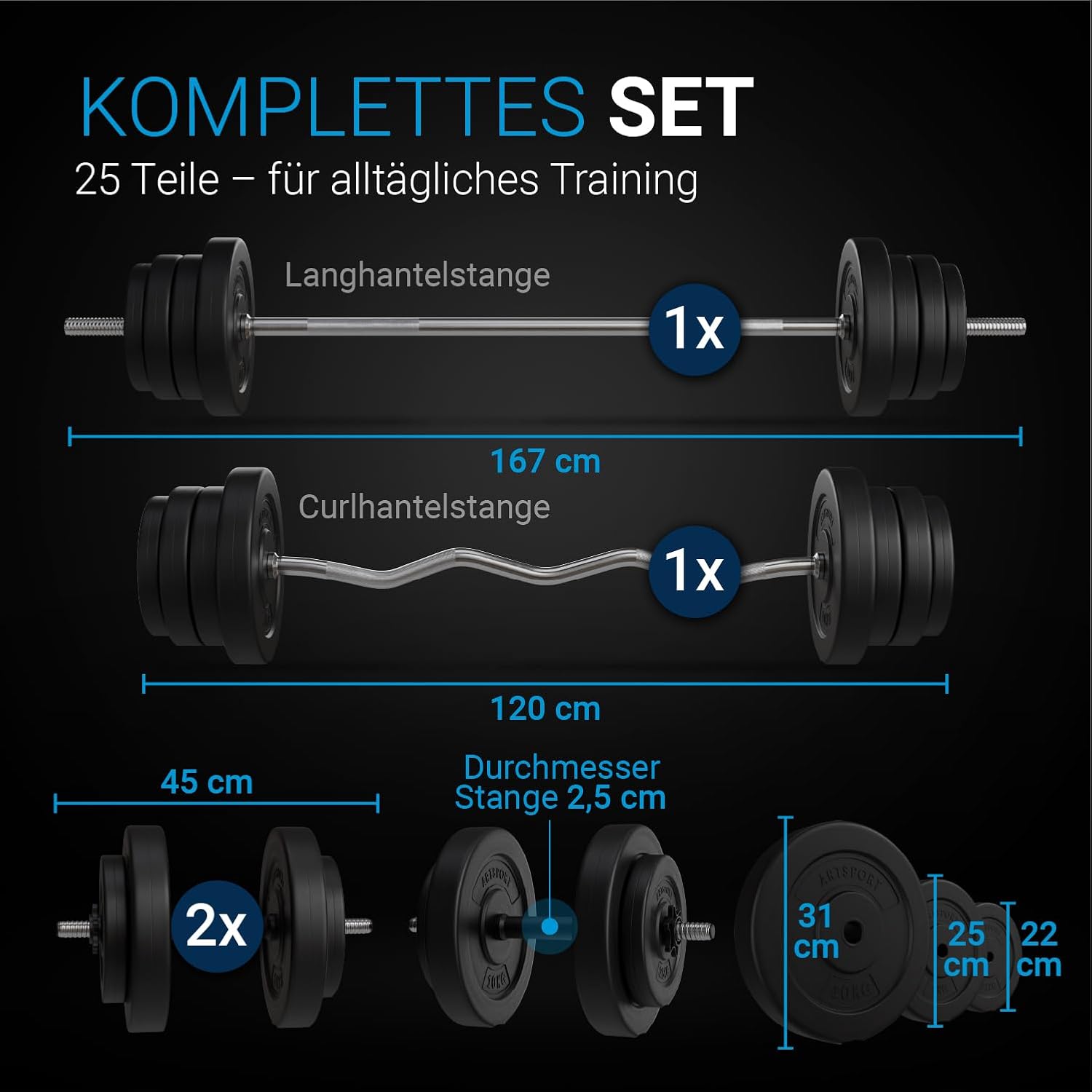 ArtSport 3-in-1-Hantelset mit 2 Hanteln, 1 Langhantel & 1 SZ Curl-Langhantel – 12 Gewichte mit 60 kg und Spinlock-Kragen – Hantelset Krafttraining – Bild 5