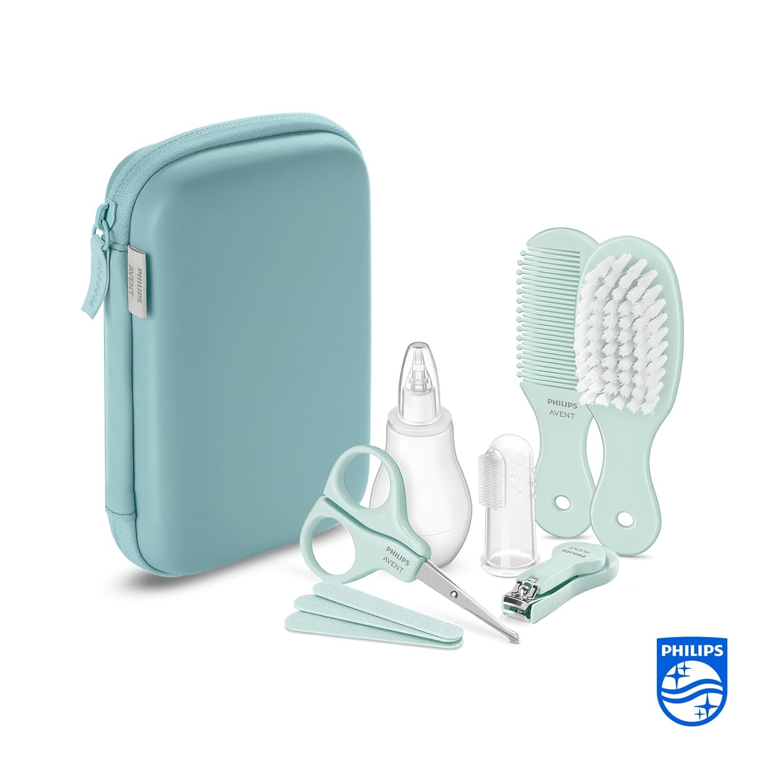 Philips AVENT Baby Care Kit – Starter-Set mit 9 Zubehörteilen: Nagelknipser, Schere, 3 Nagelfeilen, Kamm, Haarbürste, Nasensauger und Fingerzahnbürste (Modell SCH401/00) – Bild 2