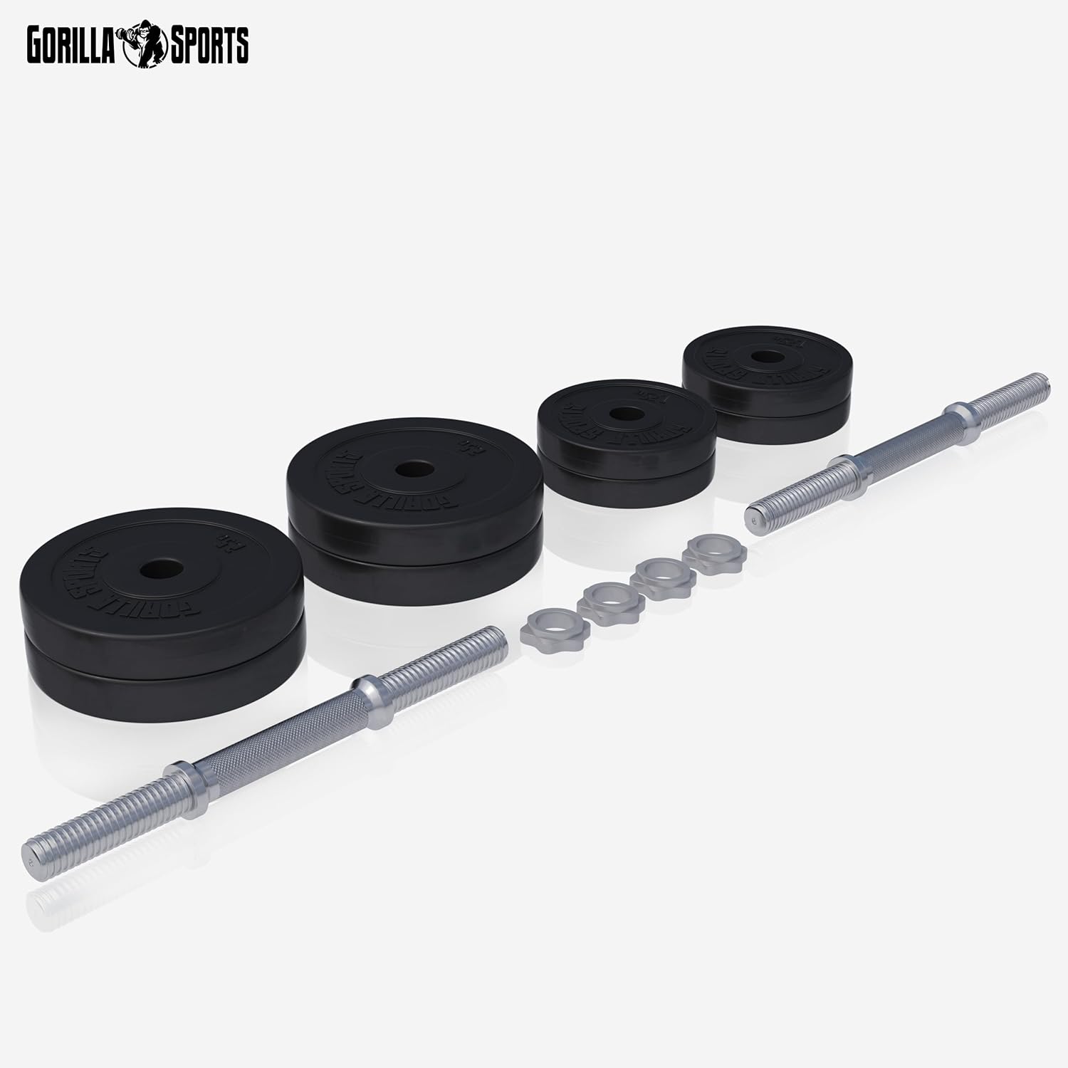 GORILLA SPORTS® Kurzhanteln 2er Set 20/30 kg – Verstellbare Hanteln mit Hantelscheiben 30mm aus Kunststoff, Standard oder Gripper, Kurzhantelset mit Hantelstangen & Sternverschlüssen – Bild 2
