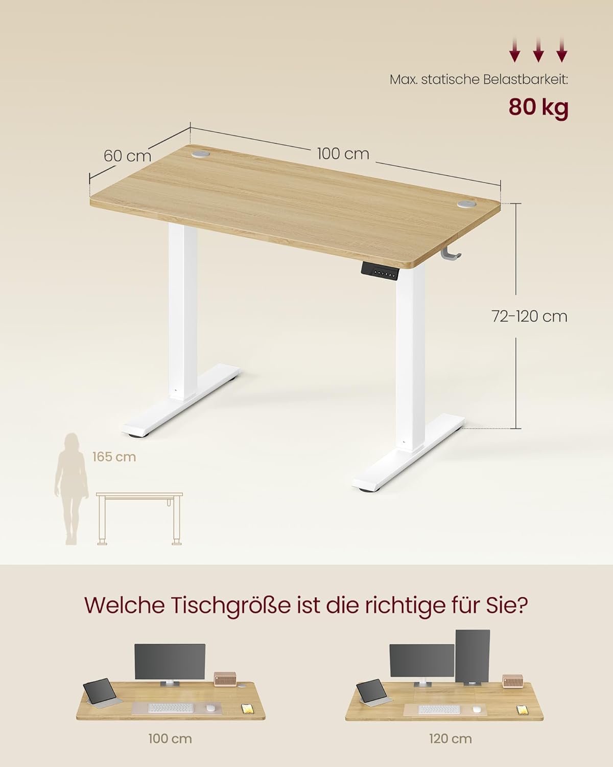 VASAGLE LSD310YA03 Höhenverstellbarer Schreibtisch, Stehpult, Computertisch, 4 Höhen, Memory-Funktion, Büroschreibtisch, 100 x 60 cm, Goldeiche – Bild 3