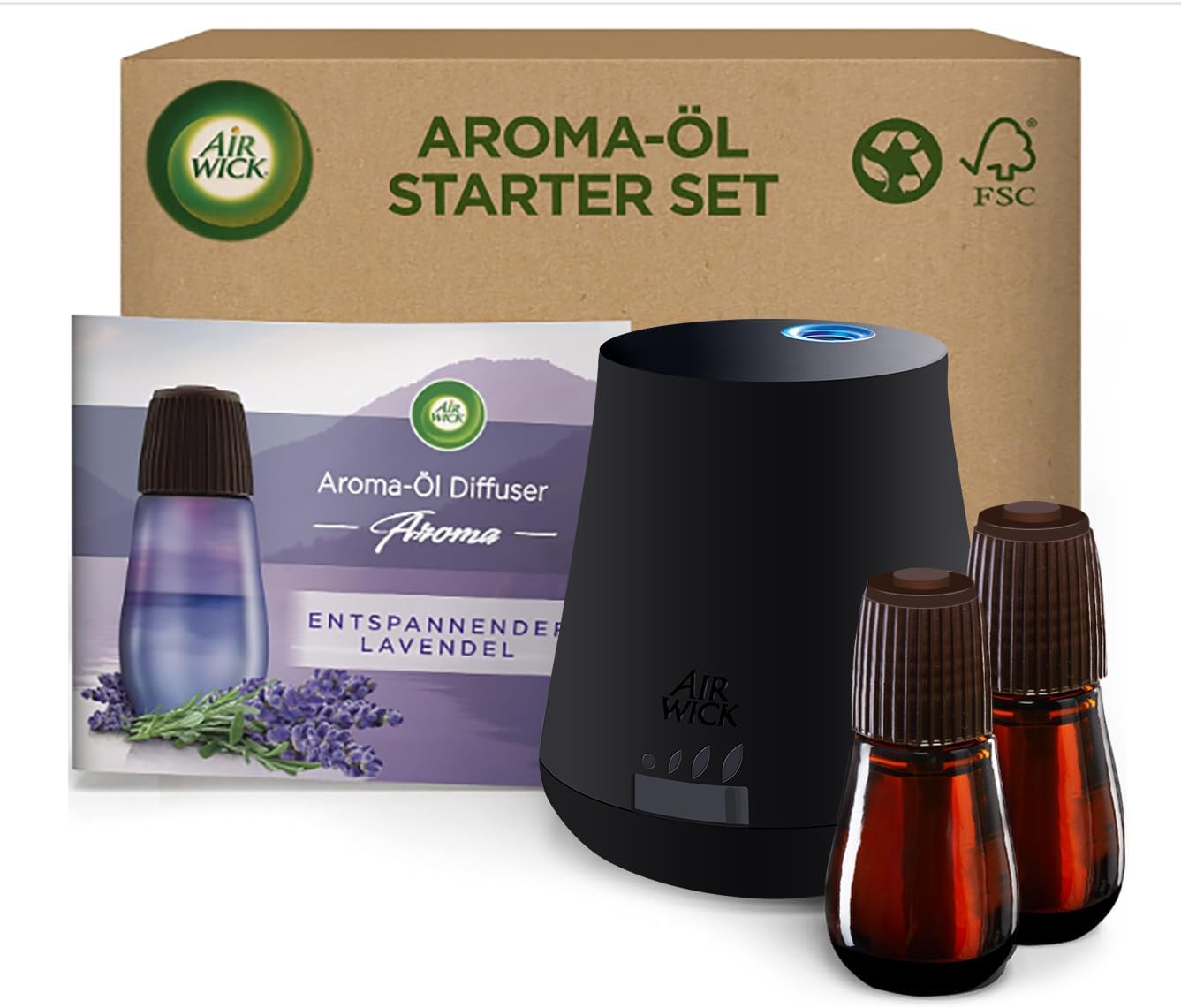Air Wick Aromaöl – Starter-Set – Diffusor für ätherische Öle – entspannender Lavendel-Raumduft – 2 x 20 ml Nachfüller + Gerät