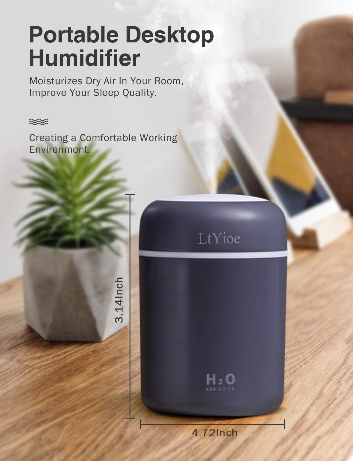 LtYioe Luftbefeuchter, persönlicher Desktop-Mini-Luftbefeuchter mit bunter, kühler Nachtlichtfunktion, automatischer Abschaltung und superleise für Auto, Büro, Schlafzimmer (Grau) – Bild 2