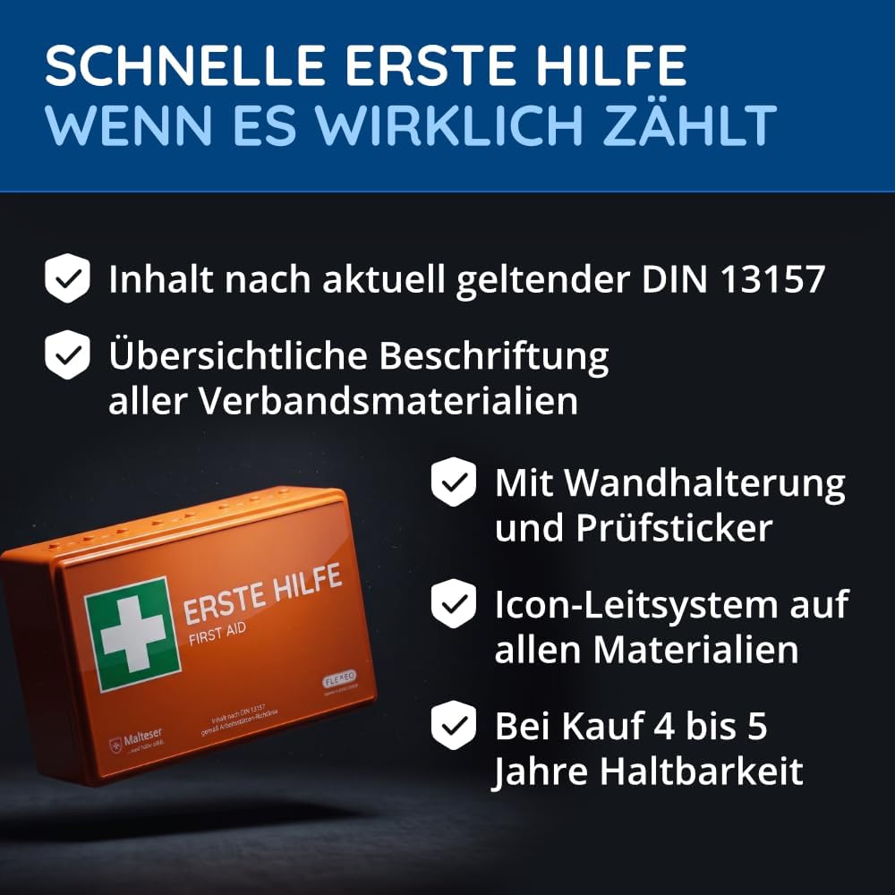FLEXEO Erste-Hilfe-Set C nach aktueller DIN 13157 | mit Wandhalterung/Wandmontage | Betriebsapotheke / Verbandskasten für Betriebe, Büros und Baustellen gemäß ASR | Orange – Bild 2