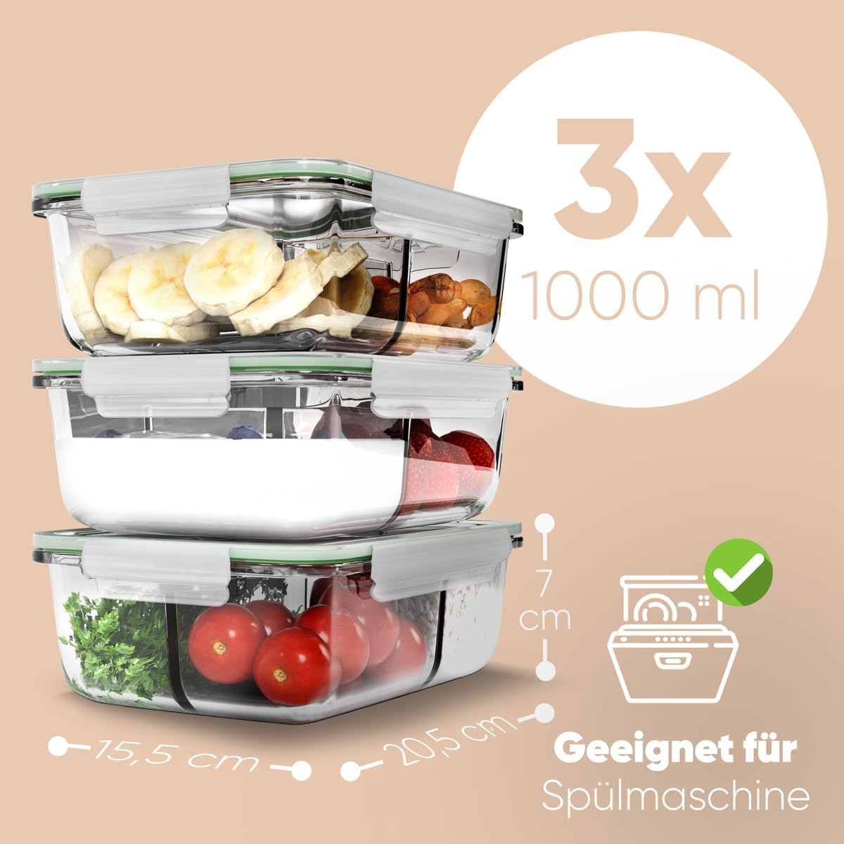 Meal-Prep-Glasboxen mit Fächern | 3er-Set | Glasbehälter mit Deckel | Geeignet für Spülmaschine, Mikrowelle und Backofen | Frischhaltedosen Glas mit Deckel | Gläser mit Deckel C-FHDM 4021 G – Bild 2