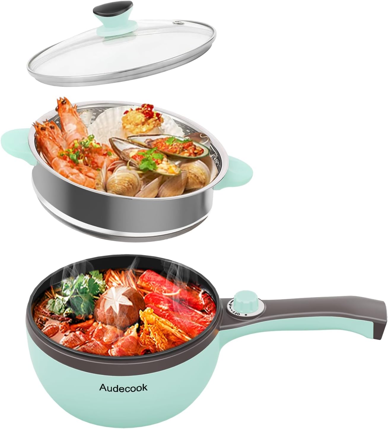 Audecook Elektrischer Hot Pot mit Dampfgarer, 1,5 l/20 cm elektrische Bratpfanne, Hotpot-Topf, antihaftbeschichtete Mini-Elektropfanne, Multikocher für Dorm Ramen, Steak (A (grün / 1,5 l mit Dampfgarer))