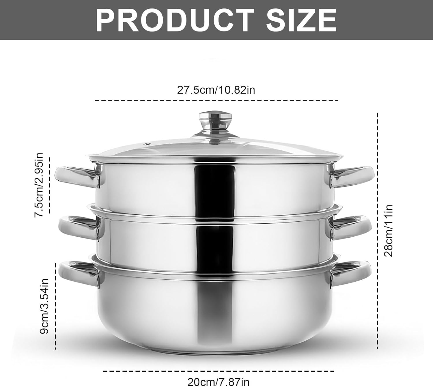 Dampfgarer 28 cm Edelstahl 3 Etagen - Dampftopf Induktion Geeignet - Dampfgarer Topf mit Dämpfeeinsatz - Großer Steamer Pot für Gemüse, Fisch & Mantowarka - Stapelbar – Bild 2