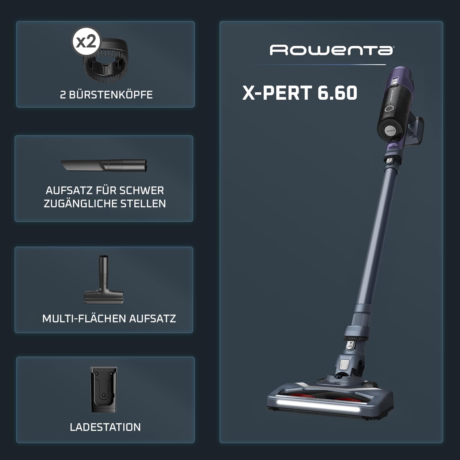 Rowenta X-Pert 6.60 Essential Akku-Staubsauger, 100 W Leistung, 45 Minuten Laufzeit, kabellos und beutellos, LED-Bürstenkopf, abnehmbarer Akku, inklusive Fugendüse und Wandhalterung, Lila/Schwarz, RH6838 – Bild 9
