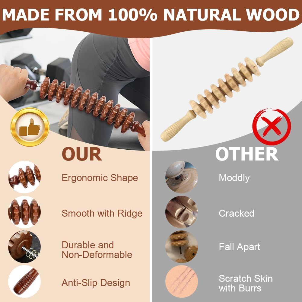 ACWOO Holz Faszienrolle, Holz Faszienrolle 2 Stück Massagerollen, Anti Cellulite Massagegerät, Massagerolle für Muskelentspannung, Körperformung, Gua Sha Massage – Bild 6