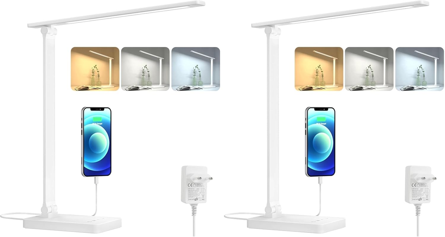 Lepro LED-Schreibtischlampe 15 W, dimmbare Tischlampe 655 lm mit 3 Farbmodi & 5 Helligkeitsstufen, USB-Anschluss, Augenschutz-Leselampe für Büro, Arbeitszimmer, Nachttisch & Lesen, Weiß (2 Stück)