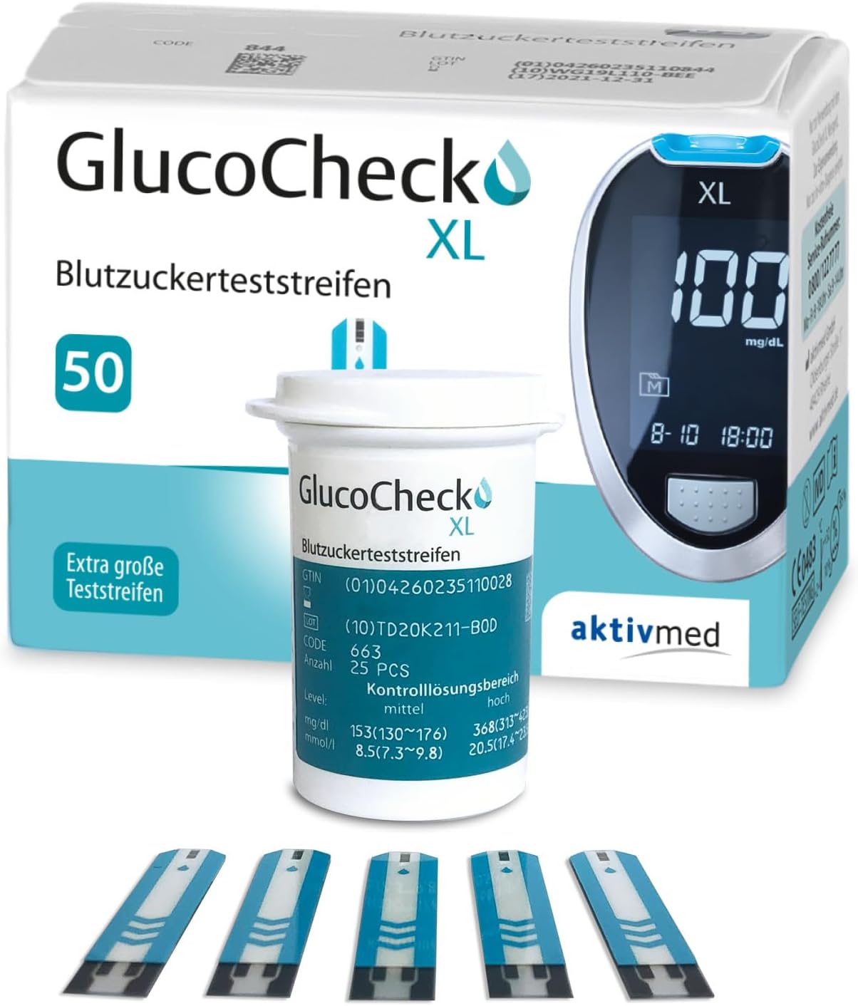 GlucoCheck XL Blutzucker-Teststreifen, 50 Stück, zur Kontrolle des Blutzuckerwertes – verwendbar mit dem GlucoCheck XL Blutzuckermessgerät