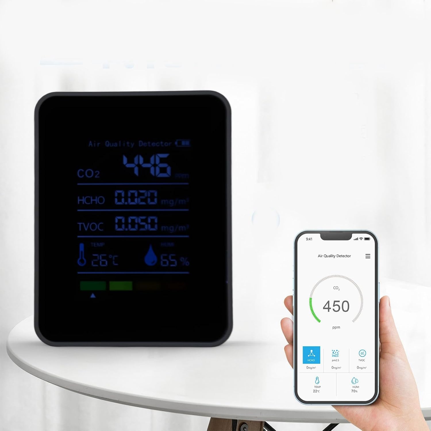 Luftqualitätsmonitor, 5-in-1-Messgerät, CO2-Detektor, Monitor, Echtzeit-Kohlendioxid-Erkennung, HCHO TVOC Temp Humi ABS, für Zuhause, Büro, Klassenzimmer, 8,9 x 3,6 x 7,1 cm – Bild 4