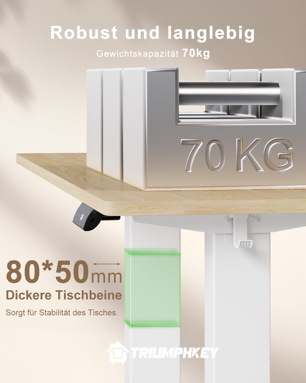 TRIUMPHKEY Höhenverstellbarer Schreibtisch, 160 x 80 cm, mit USB-Ladeanschluss, 3 Speichersteuerungen, höhenverstellbarer Schreibtisch mit Kabelbox, Computertisch, Stehpult, Beige – Bild 6