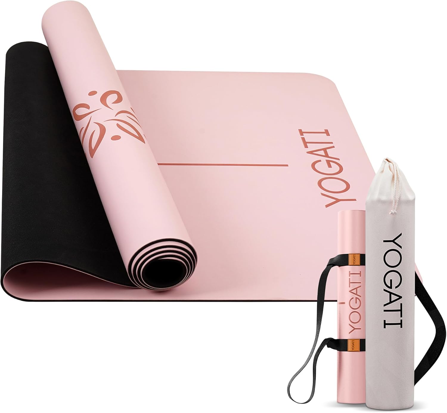 YOGATI® Yogamatte rutschfest Naturkautschuk mit Tasche - Yoga Matte groß mit Markierung, Sportmatte breit, Ideal für Fitness, Pilates und Gym Workout, Fitnessmatte Rutschfest für Damen