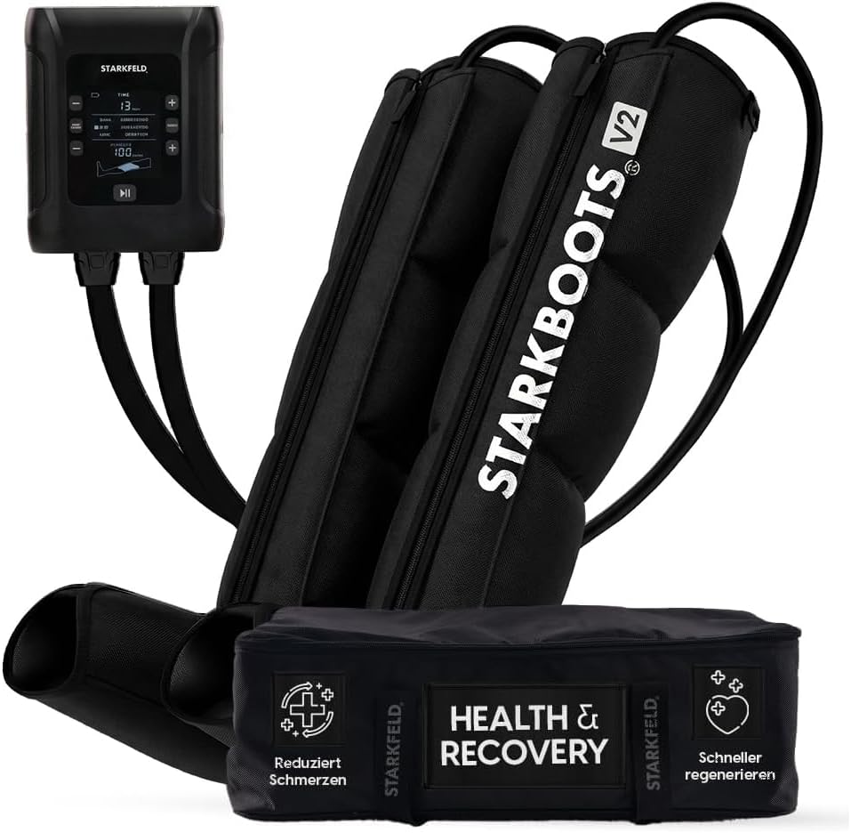 STARKBOOTS® V2 – Lymphdrainage- und Wiederherstellungssystem | Gegen schwere Beine & Schmerzen | 4h Akku kabellos | 40-200 mmHg | Erweiterbar mit starken Hüften und starken Ärmeln | Größe M