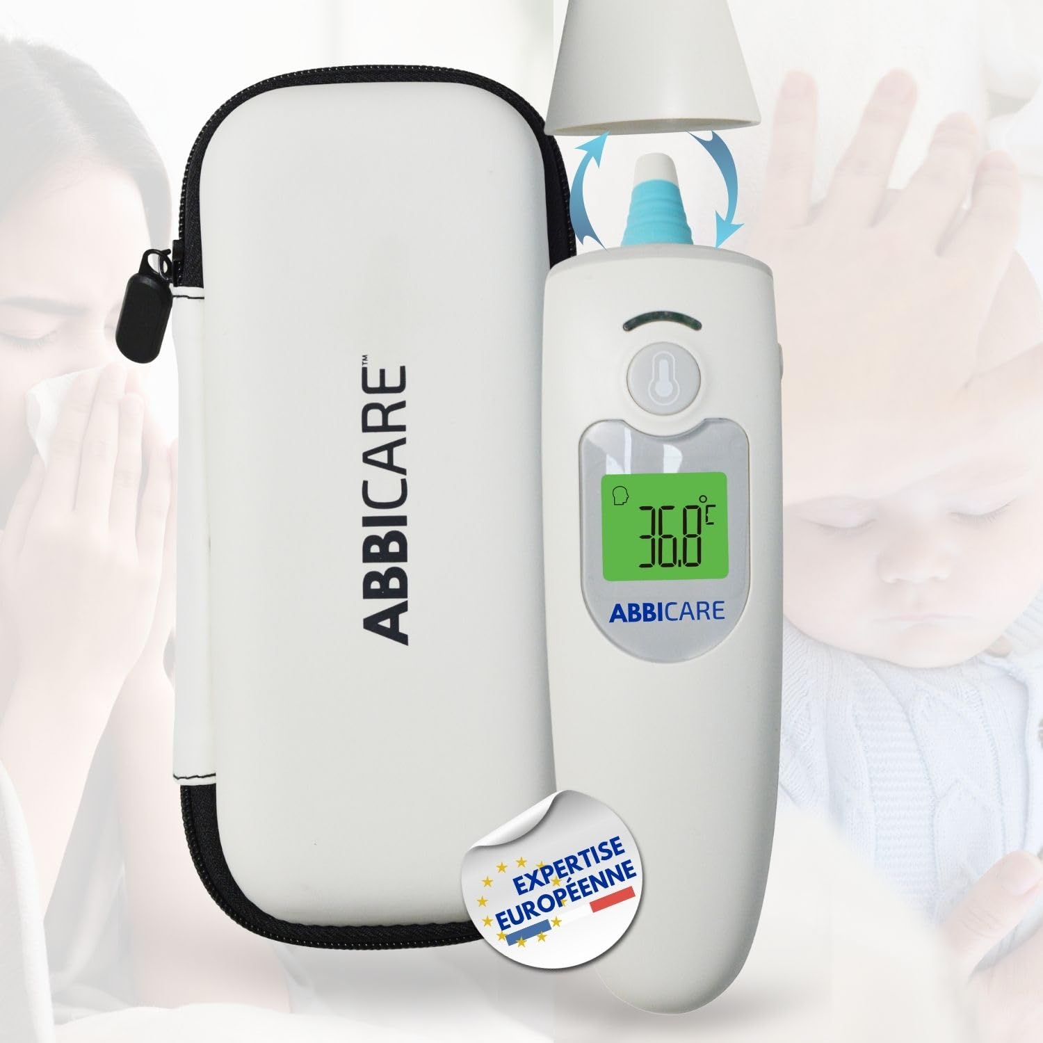 ABBICARE Stirn- und Ohrenfieberthermometer mit Tasche, exklusiver Babymodus, präzise und kontaktlos in 1 Sekunde, multifunktionales professionelles Infrarot-Thermometer für Erwachsene