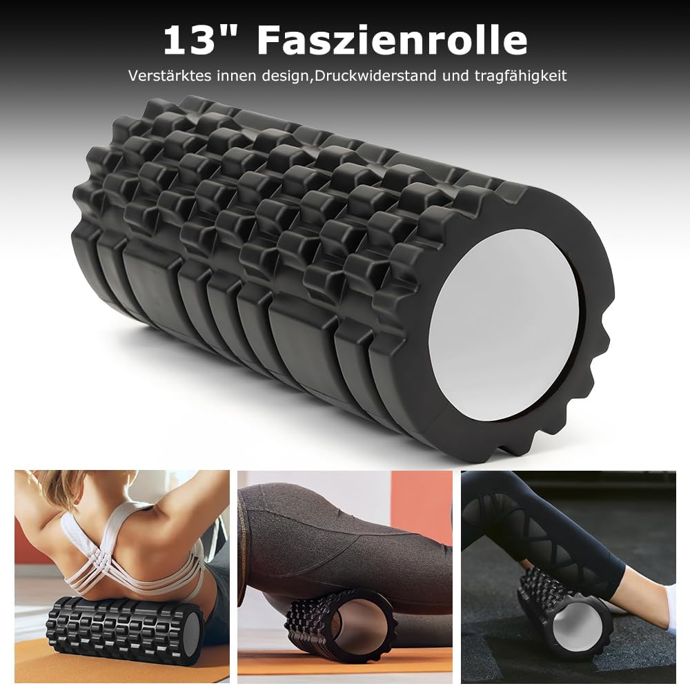 Faszienrolle, Qveetry 6-in-1 Schaumstoffrolle, Faszienrollen-Sets mit Massagerollerstange, Widerstandsbänder, Krafttraining, Massageball, Fitnessbänder, 33 cm Schaumstoffrolle für Yoga, Pilates, Sport – Bild 3