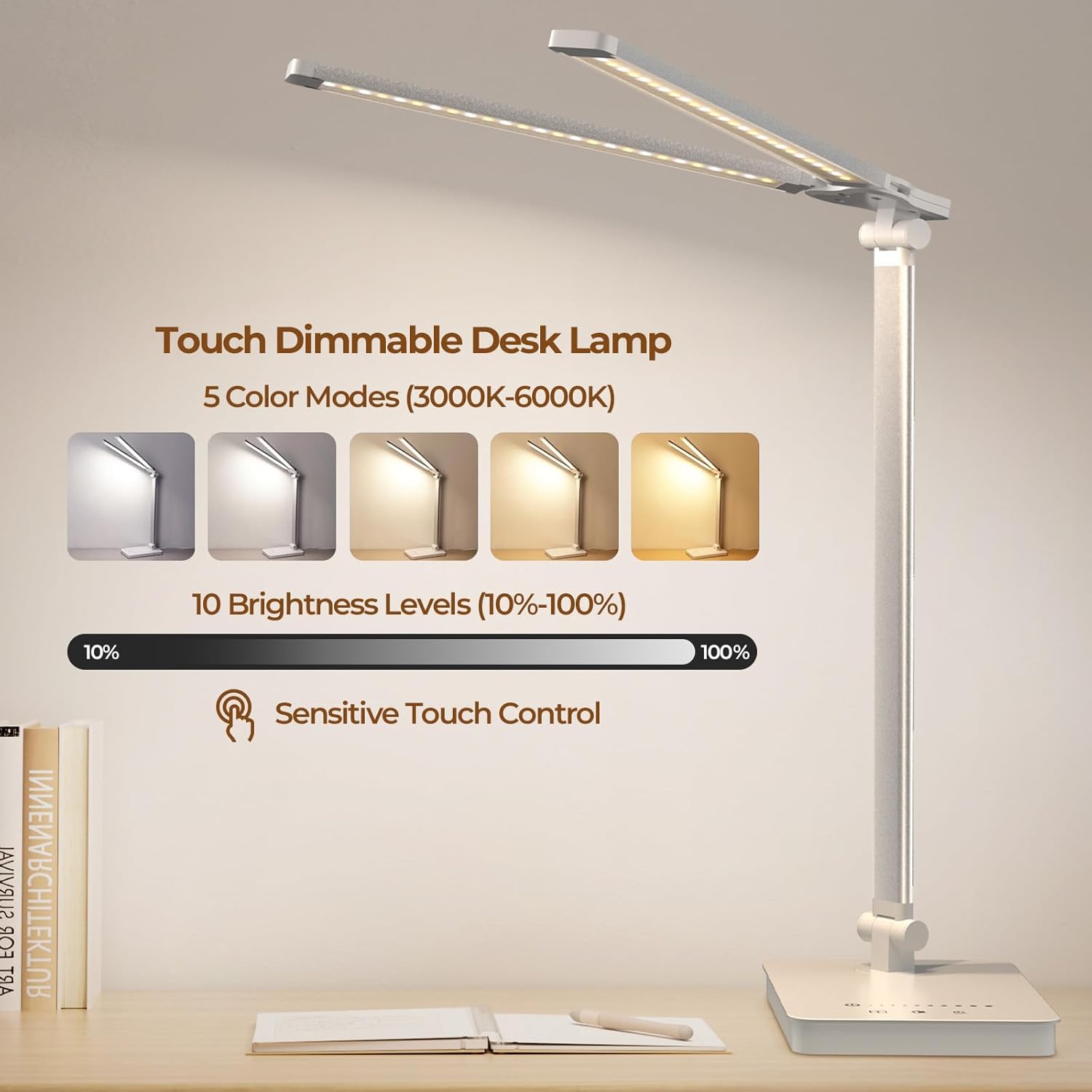 Schreibtischlampe LED 15W Dimmbar mit Augenschutz, 5 Farben und 10 Helligkeitsstufen, mit Adapter-Ladefunktion, Timer-Funktion, Memory-Lesemodus, Tischlampe für Kinderzimmer, Büro (Weiß) – Bild 2