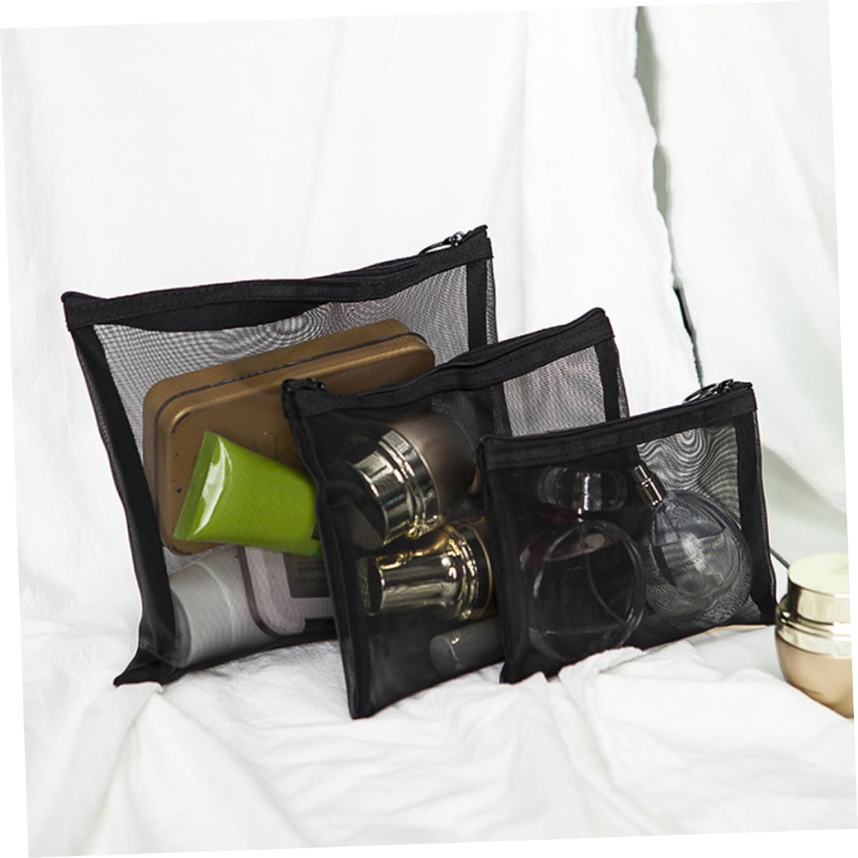 WOONEKY 3-teiliges Set Netz-Kosmetiktaschen, tragbare Make-up-Tasche für Frauen, für Reisen, Fitnessstudio und Alltag, großes Fassungsvermögen, Schwarz – Bild 4