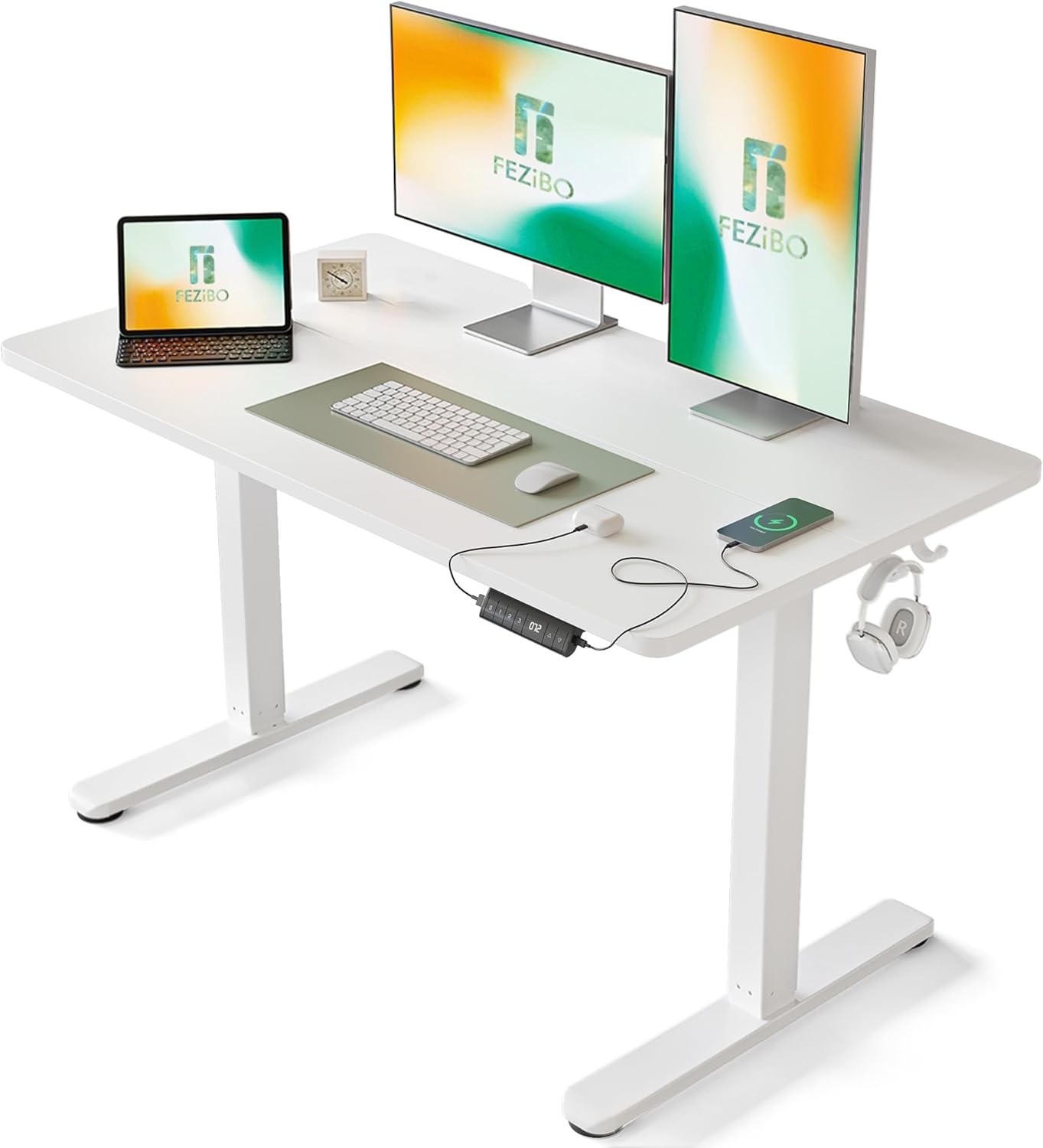FEZIBO Höhenverstellbarer elektrischer Schreibtisch, 120 x 60 cm, Computer-Stehtisch mit Memory-Steuerung und Antikollisionstechnologie, mobiler Stehsitz-Schreibtisch, ergonomische weiße Oberfläche