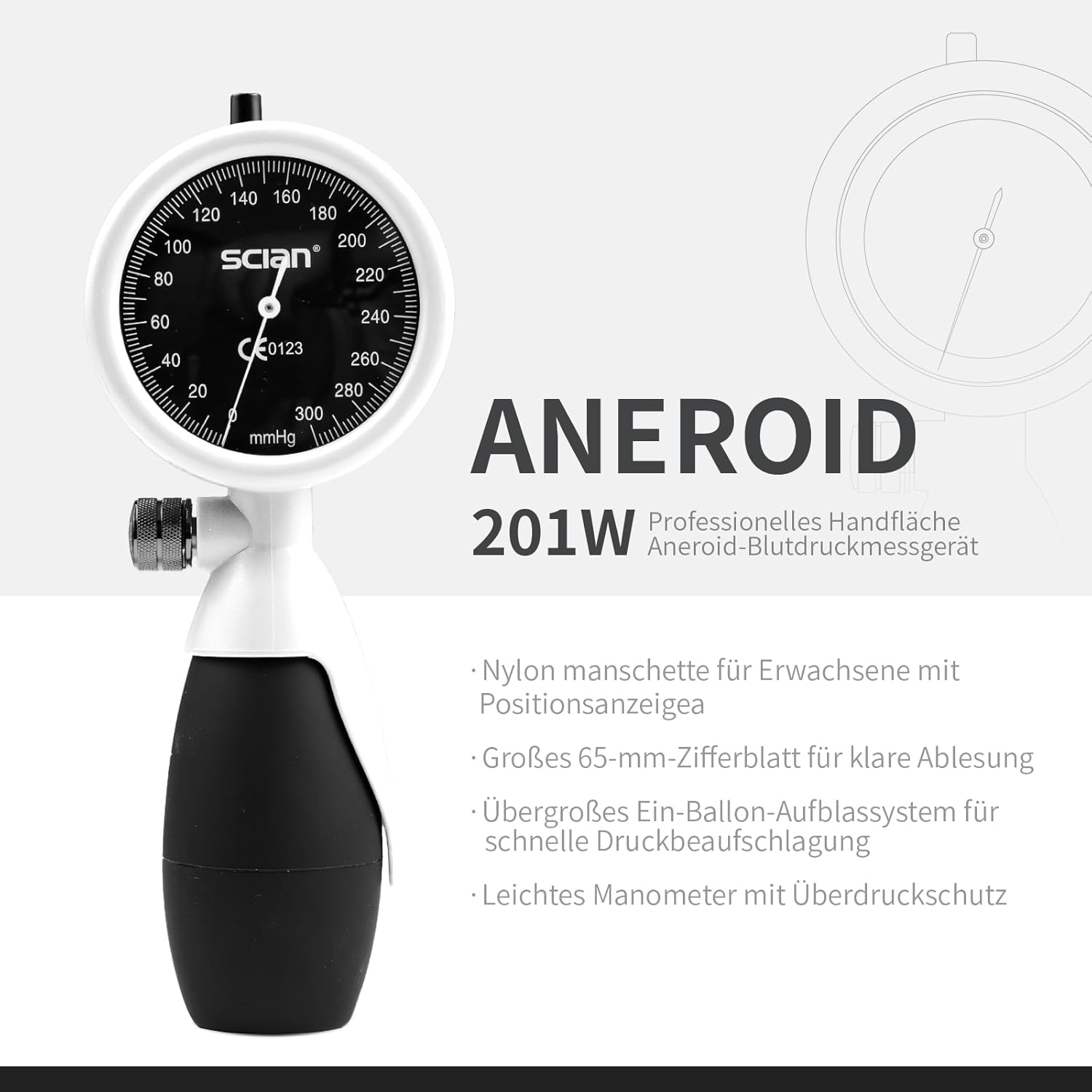 SCIAN Manuelles Blutdruckmessgerät, Aneroid-Blutdruckmessgerät zur Oberarmmessung mit europäischer Manschette (22–42 cm) + Tragetasche für Krankenschwestern, Ärzte, Senioren, Erwachsene (weiß) – Bild 2