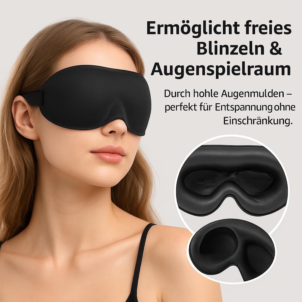 3D-Schlafmaske, blickdichte Schlafmaske für Damen und Herren, für Seitenschläfer, bequeme Augenmaske mit Augenraum, Schlafmaske aus Baumwolle, verstellbar, Reisen, Festival, Camping (schwarz, 1er-Set) – Bild 4