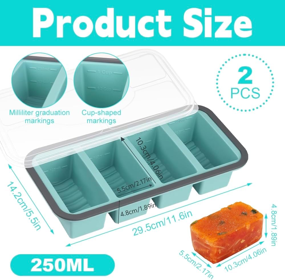 2 Stück Suppen-Gefrierbehälter, Silikon-Gefrierform Suppe mit Deckel, 4 Gitter, 250 ml Silikon-Gefriertablett, BPA-frei, stapelbarer Gefrierbehälter für Suppe, Brühe, Soße, Eiswürfel (4 Gitter) – Bild 2