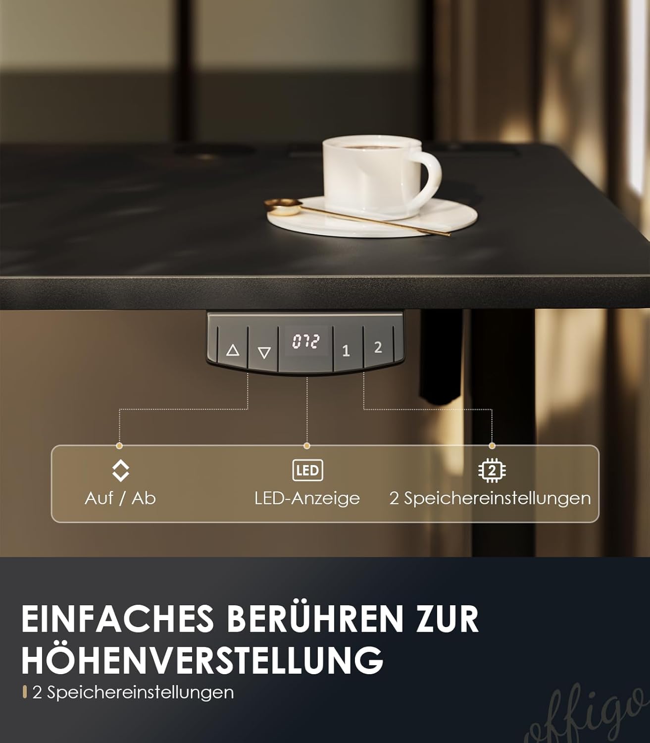 OffiGo höhenverstellbarer Schreibtisch, 200 x 80 cm, elektrischer Schreibtisch mit Steckdosen und USB-Ladeanschluss, Tisch höhenverstellbar mit 2 Memory-Funktionen, Computertisch für Büro, Zuhause, schwarz – Bild 6