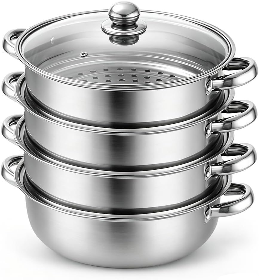 28 cm Dampfgarer, Edelstahl Dampfgarer mit Glasabdeckung, 3-stufiges Dampfgarers-Topfset, Ampfkocher Schongarer Induktion Dampfkochtopf, zum Garen von Gemüse, Meeresfrüchten, Suppen, Eintöpfen (4 Ebenen)