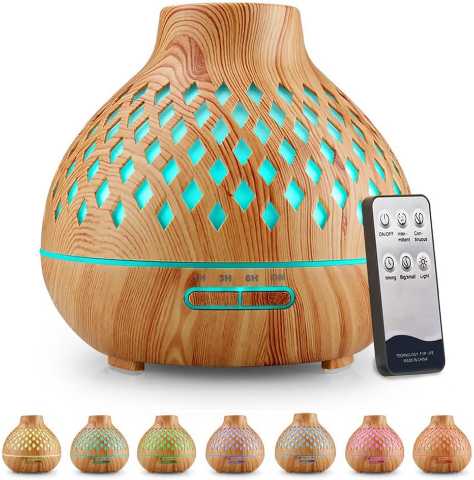 Aroma-Diffusor, 400 ml Diffusor für ätherische Öle, Aromatherapie-Öle-Diffusor mit Fernbedienung, 4 Timer, 7 Farben, Duftöl-Diffusor, Öllampe, BPA-frei, Ultraschall-Luftbefeuchter, Schlafzimmer, Büro, Spa