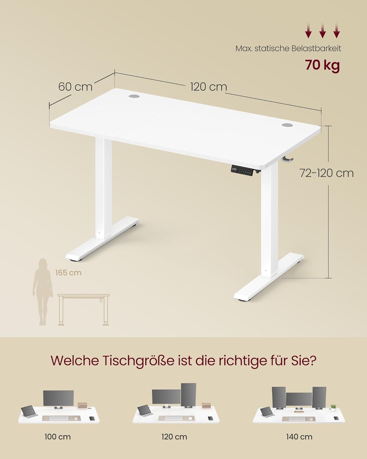 VASAGLE LSD312WZ03 Höhenverstellbarer Schreibtisch, Stehpult, Computertisch, Memory-Speicherfunktion, 4-Höhen-Büroschreibtisch, 120 x 60 cm, Wolkenweiß – Bild 3