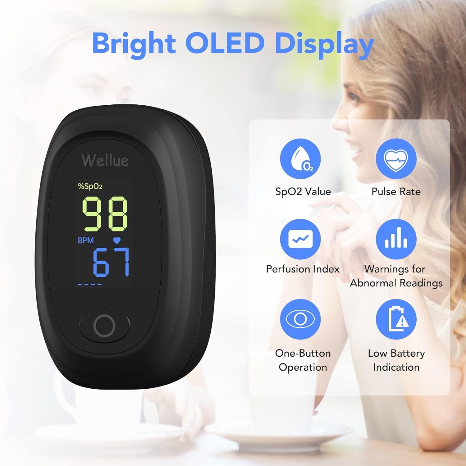 Wellue Pulsoximeter, Blutsauerstoffmonitor Finger, Fingerspitzen-Pulsoximeter für erwachsene Kinder, SP O2 PI Level und Herzfrequenzmonitor – Bild 2